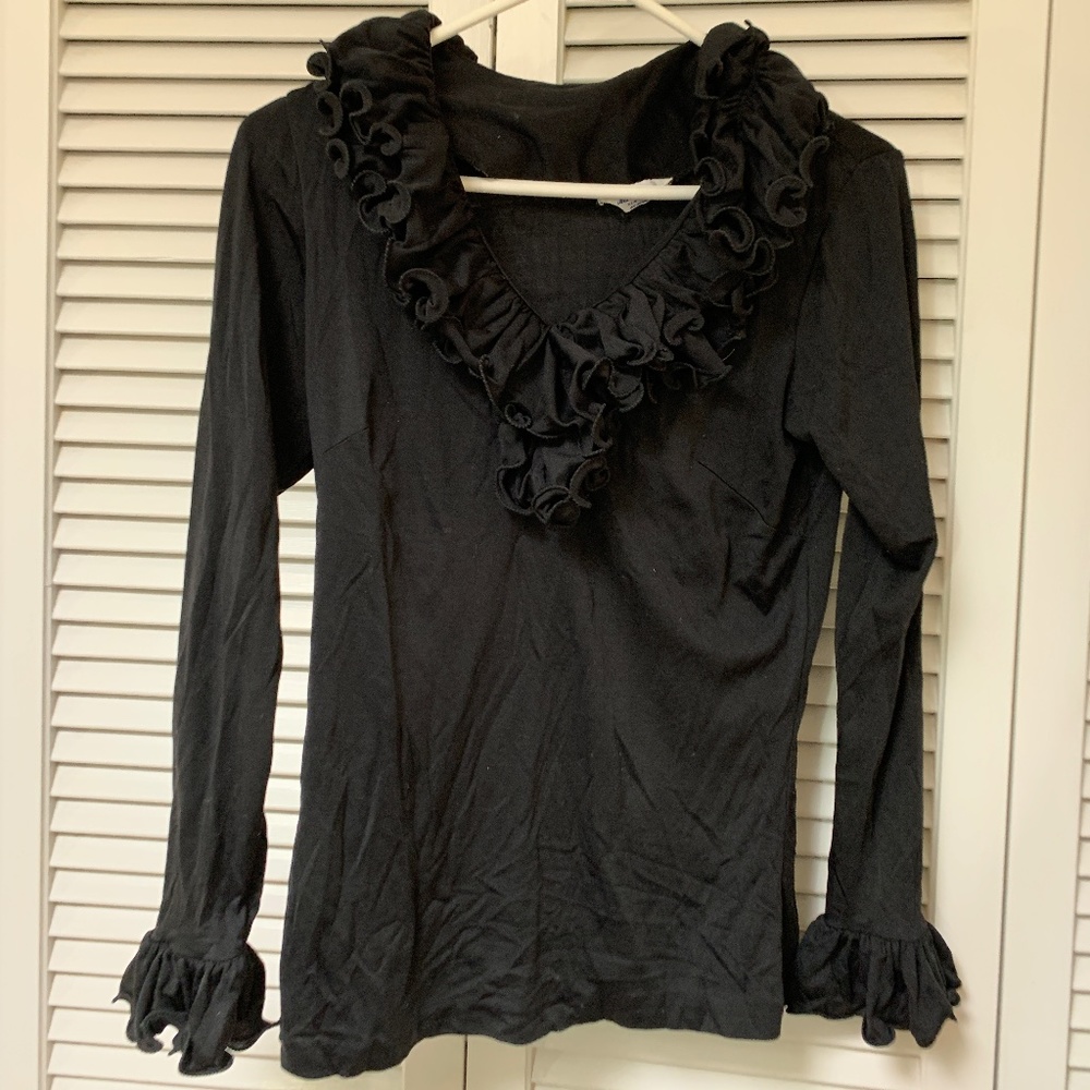Vintage 1970s V-Neck Long Sleeve Nylon Blouse Sculptured Ruffle Mardi Modes NY - Picture 3 of 11
